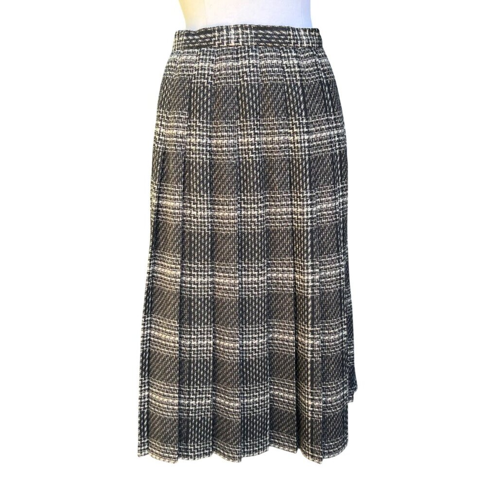 Vintage 80's Plaid Wool Blend Pleated Midi Skirt Black Tan Preppy Unlined Sz 10P